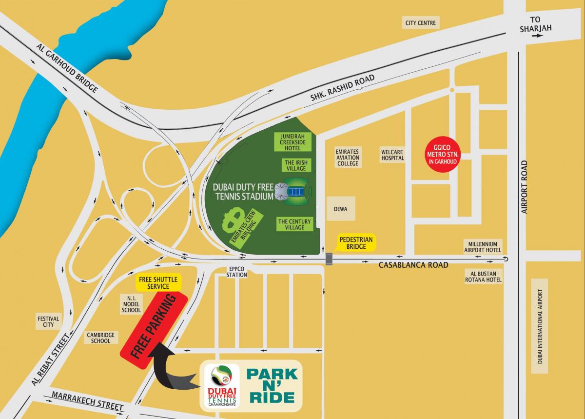 दुबई ड्यूटी फ्री टेनिस स्टेडियम के स्थान का नक्शा