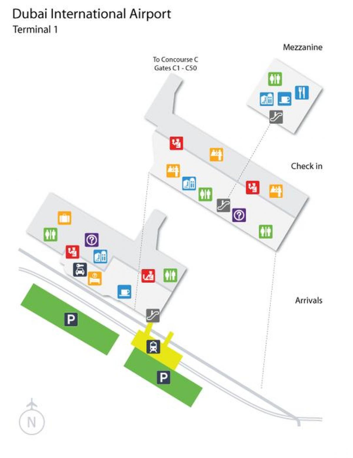 दुबई हवाई अड्डे के टर्मिनल 1 स्थान का नक्शा